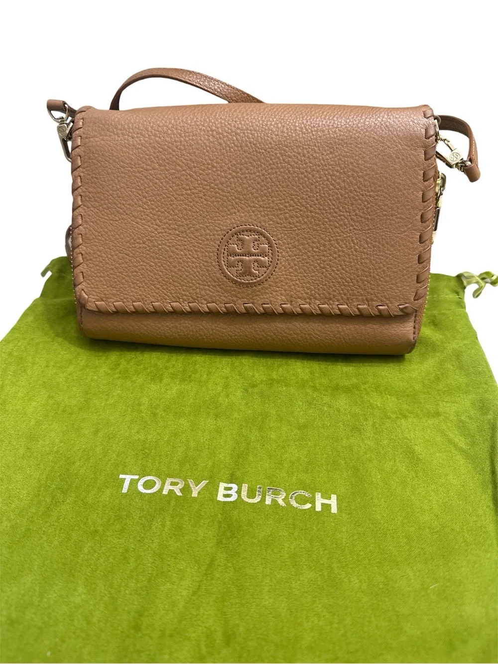 Tory Burch Tan Whipstitch Pebbled Leather Crossbody and Dust Bag - Picture 2 of 7